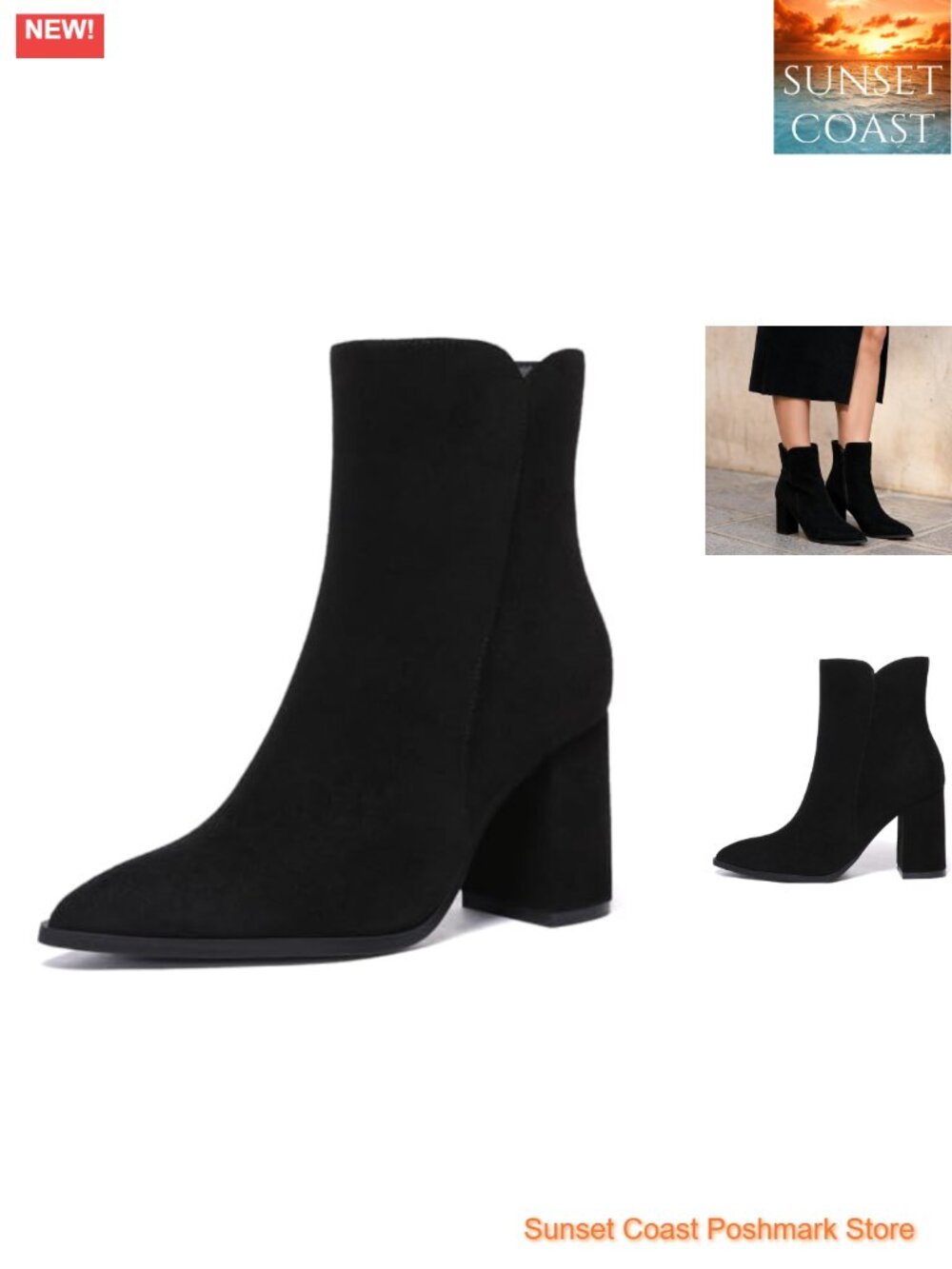 Pointed Toe Chunky High Heel Ankle Booties Side Zip Suede